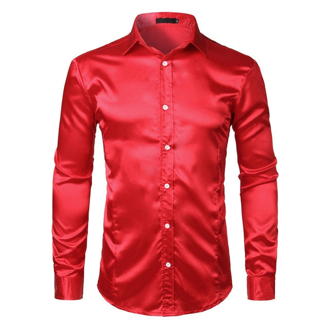 Stylish White Silk Satin Shirt Men Chemise Homme 2018 Casual Long Sleeve Slim Fit Mens Dress Shirts Business Wedding Male Shirt