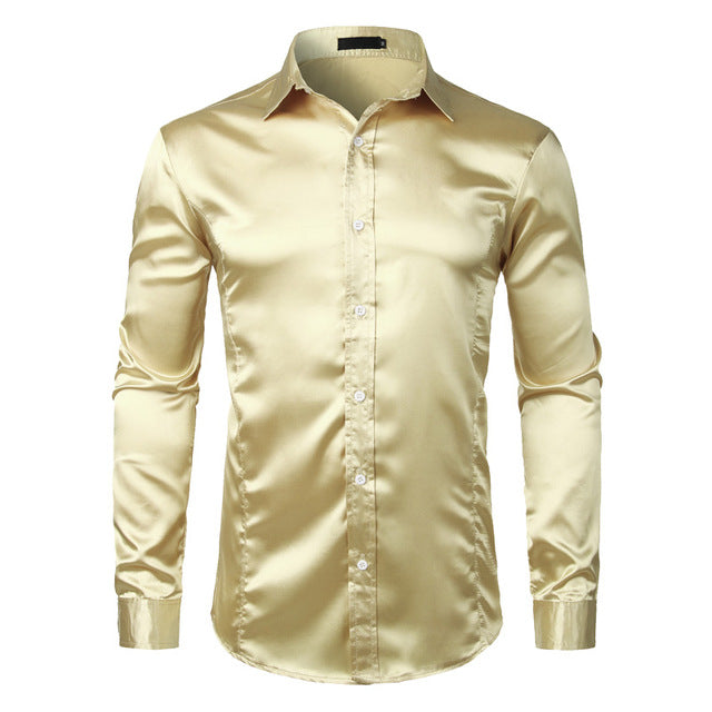 Stylish White Silk Satin Shirt Men Chemise Homme 2018 Casual Long Sleeve Slim Fit Mens Dress Shirts Business Wedding Male Shirt