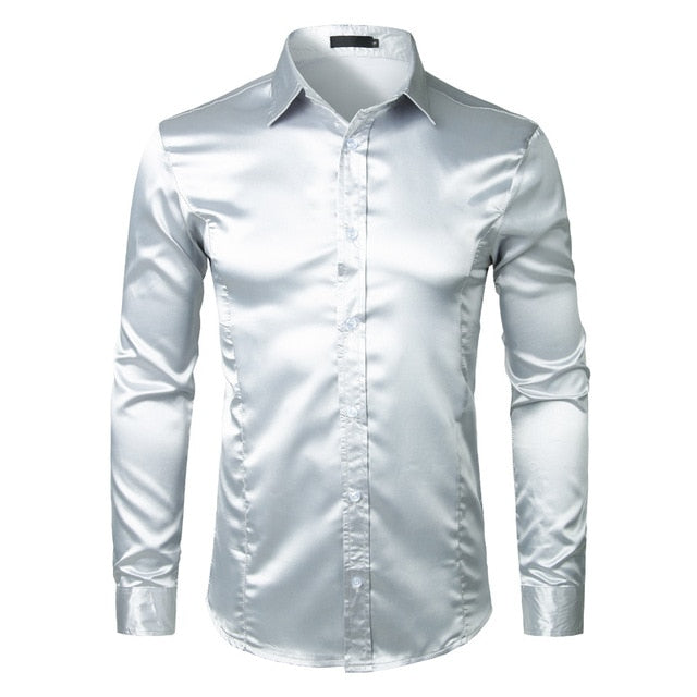 Stylish White Silk Satin Shirt Men Chemise Homme 2018 Casual Long Sleeve Slim Fit Mens Dress Shirts Business Wedding Male Shirt