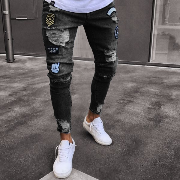 hole embroidered jeans Slim men trousers NEW 2019 men's Casual Thin Summer Denim Pants Classic Cowboys Young Man black blue