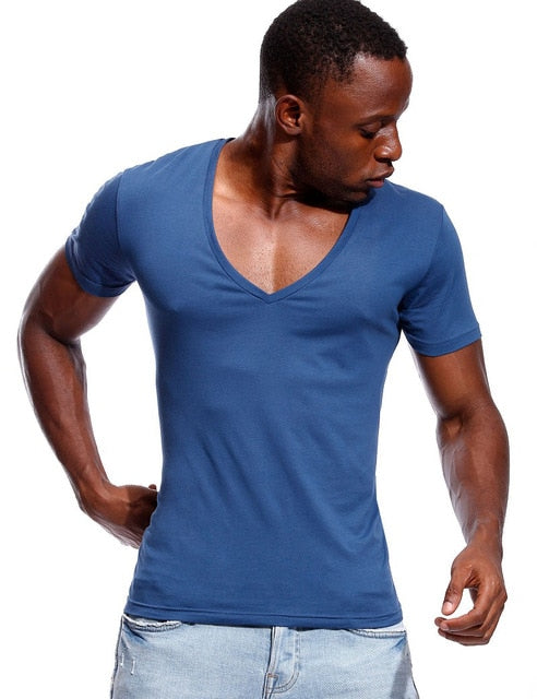 Deep V Neck T Shirt for Men Low Cut Vneck Wide Vee Tee Male Tshirt Invisible Undershirt Model Scoop Hem Slim Fit Short Sleeve