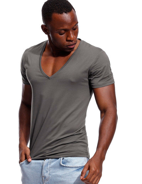 Deep V Neck T Shirt for Men Low Cut Vneck Wide Vee Tee Male Tshirt Invisible Undershirt Model Scoop Hem Slim Fit Short Sleeve