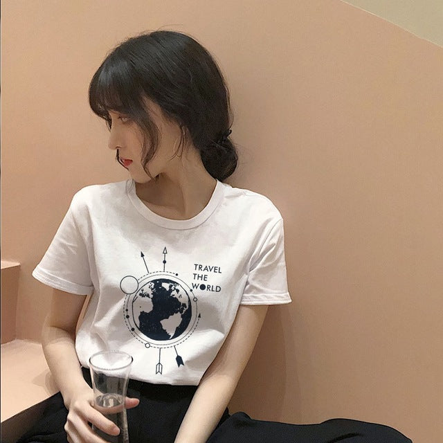 Cosmic belief Harajuku summer women's new ins fashion cartoon printed letter bts short-sleeved casual T-shirt shirt S-2XL