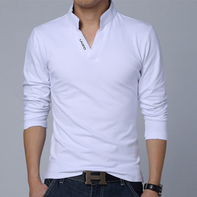 2018 T-Shirt Men Spring Cotton T Shirt Men Solid Color Tshirt Mandarin Collar Long Sleeve Top Men Brand Slim Fit Tee Shirts 5XL