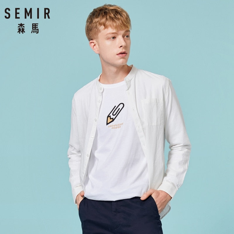 SEMIR Mens Band-Collar Shirt Men's Regular Fit Shirt Long Sleeved Casual Shirt in 100% Cotton Collarless Shirt Dress Shirt Solid