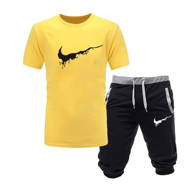 2019 New Men Fashion Two Pieces Sets T Shirts+Shorts Suit Men Summer Tops Tees Fashion Tshirt High Quality men clothing