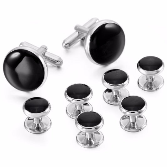 Showing shirt Men Business Rhodium-Plated Enamel Cufflinks Black Gold-Tone Stud Set Tuxedo