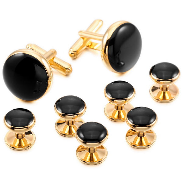 Showing shirt Men Business Rhodium-Plated Enamel Cufflinks Black Gold-Tone Stud Set Tuxedo