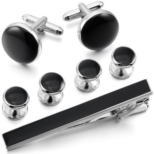 Showing shirt Men Business Rhodium-Plated Enamel Cufflinks Black Gold-Tone Stud Set Tuxedo