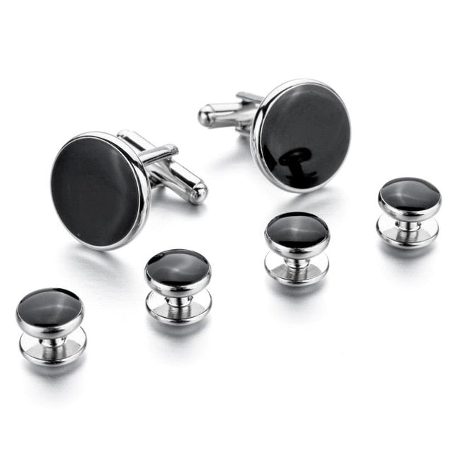 Showing shirt Men Business Rhodium-Plated Enamel Cufflinks Black Gold-Tone Stud Set Tuxedo