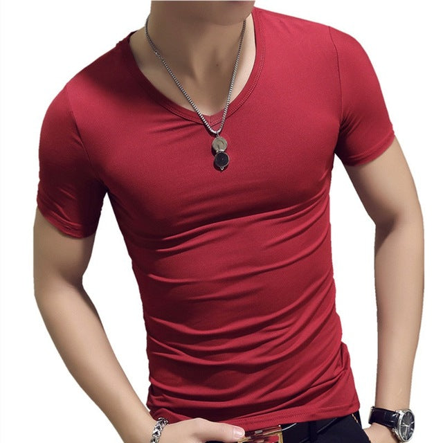 Elastic V Neck Men T Shirt Mens Fashion Short Sleeve Tshirt Fitness Casual Male T-shirt Brand Clothing Tee Tops 5XL