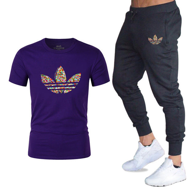 new adi brand men's casual suit T-shirt + pants two-piece casual sportswear men's  T-shirt men's classic gyms fitness trousers