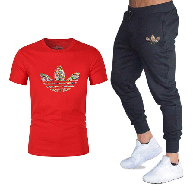 new adi brand men's casual suit T-shirt + pants two-piece casual sportswear men's  T-shirt men's classic gyms fitness trousers