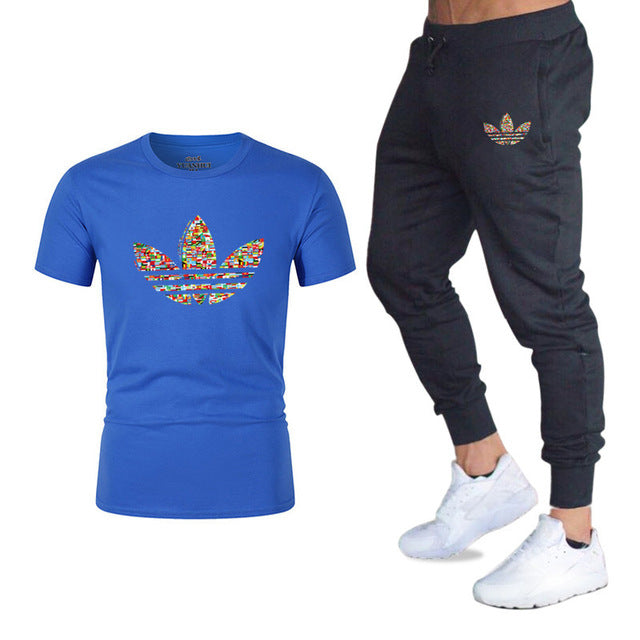 new adi brand men's casual suit T-shirt + pants two-piece casual sportswear men's  T-shirt men's classic gyms fitness trousers