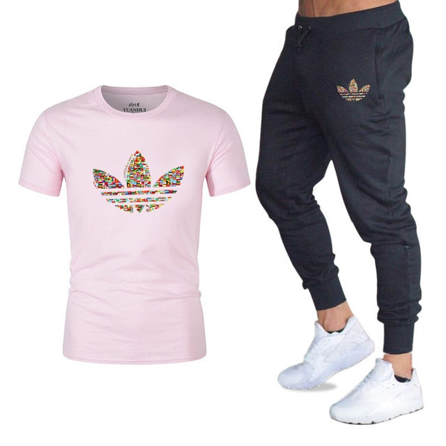 new adi brand men's casual suit T-shirt + pants two-piece casual sportswear men's  T-shirt men's classic gyms fitness trousers