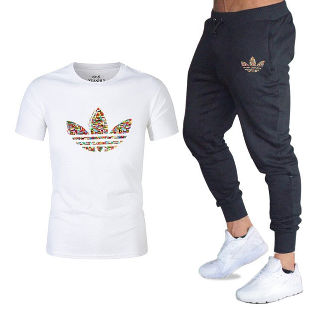 new adi brand men's casual suit T-shirt + pants two-piece casual sportswear men's  T-shirt men's classic gyms fitness trousers