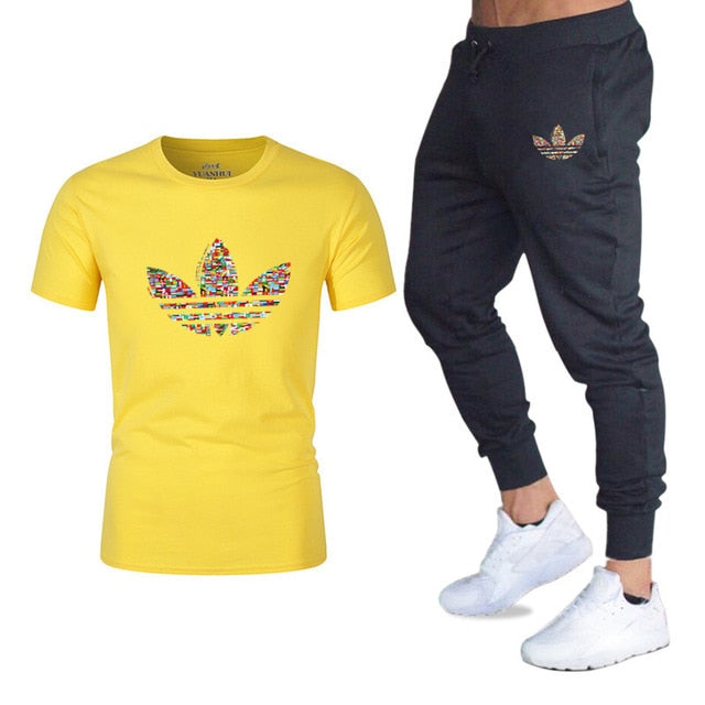 new adi brand men's casual suit T-shirt + pants two-piece casual sportswear men's  T-shirt men's classic gyms fitness trousers