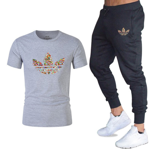 new adi brand men's casual suit T-shirt + pants two-piece casual sportswear men's  T-shirt men's classic gyms fitness trousers