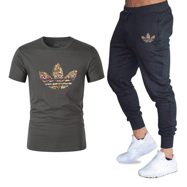 new adi brand men's casual suit T-shirt + pants two-piece casual sportswear men's  T-shirt men's classic gyms fitness trousers