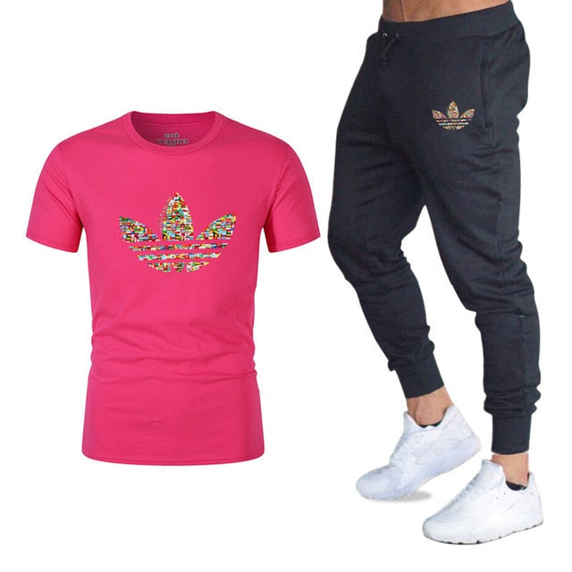 new adi brand men's casual suit T-shirt + pants two-piece casual sportswear men's  T-shirt men's classic gyms fitness trousers