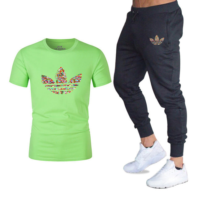 new adi brand men's casual suit T-shirt + pants two-piece casual sportswear men's  T-shirt men's classic gyms fitness trousers