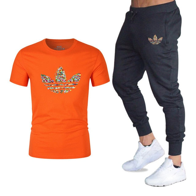 new adi brand men's casual suit T-shirt + pants two-piece casual sportswear men's  T-shirt men's classic gyms fitness trousers