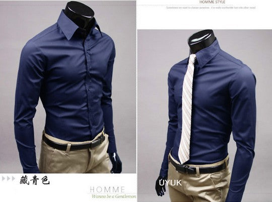 New Men Dress Shirt Turn-Down Collar Unique Neckline Fashion Solid Color Slim Fit Long Sleeve  Man Shirt