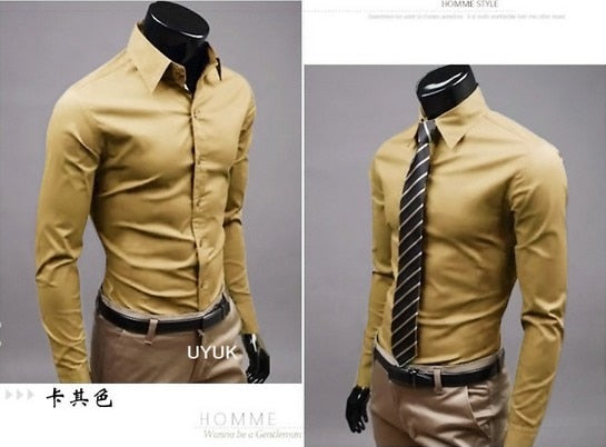 New Men Dress Shirt Turn-Down Collar Unique Neckline Fashion Solid Color Slim Fit Long Sleeve  Man Shirt