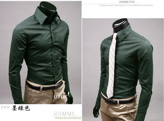 New Men Dress Shirt Turn-Down Collar Unique Neckline Fashion Solid Color Slim Fit Long Sleeve  Man Shirt