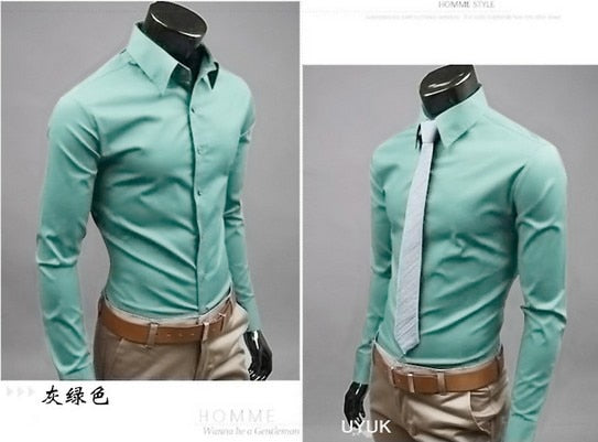 New Men Dress Shirt Turn-Down Collar Unique Neckline Fashion Solid Color Slim Fit Long Sleeve  Man Shirt