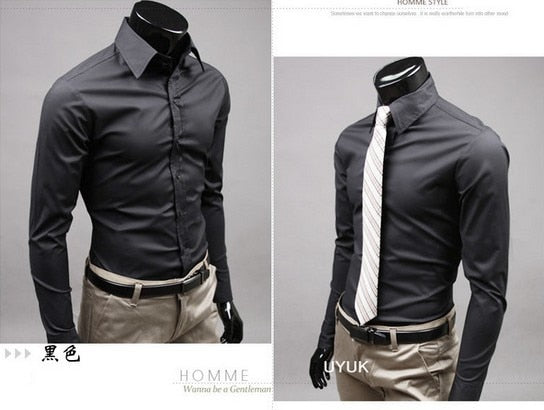 New Men Dress Shirt Turn-Down Collar Unique Neckline Fashion Solid Color Slim Fit Long Sleeve  Man Shirt