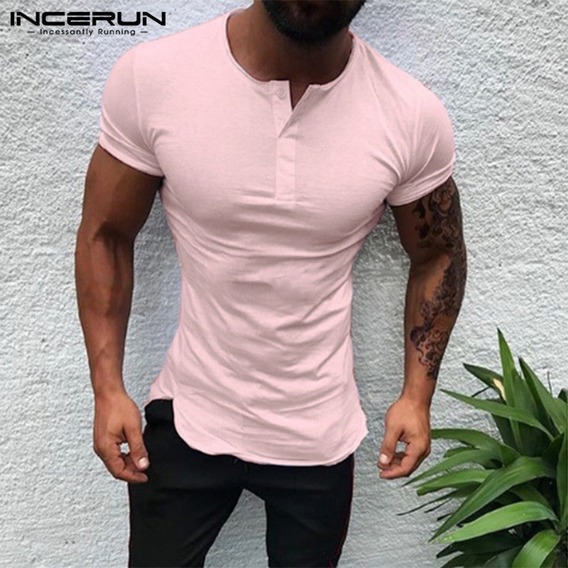 Stylish Plain Tee Tops Men T Shirt Short Sleeve Muscle Joggers Bodybuilding Tee Male Clothes Slim Fit White Pink Tee Henley 3XL