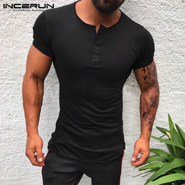 Stylish Plain Tee Tops Men T Shirt Short Sleeve Muscle Joggers Bodybuilding Tee Male Clothes Slim Fit White Pink Tee Henley 3XL