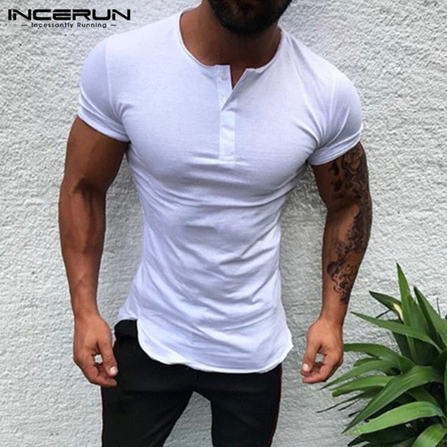 Stylish Plain Tee Tops Men T Shirt Short Sleeve Muscle Joggers Bodybuilding Tee Male Clothes Slim Fit White Pink Tee Henley 3XL