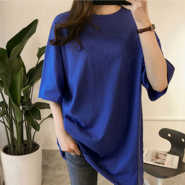 2019 Summer Oversize T shirt Women Candy Color O Neck Short Sleeve Elastic Basic Long T-shirt Loose Streetwear T-shirts Tee Tops