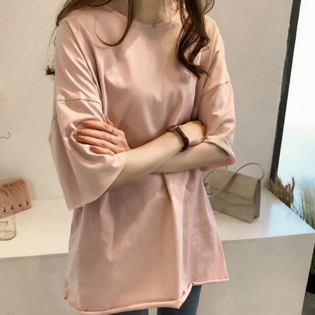 2019 Summer Oversize T shirt Women Candy Color O Neck Short Sleeve Elastic Basic Long T-shirt Loose Streetwear T-shirts Tee Tops