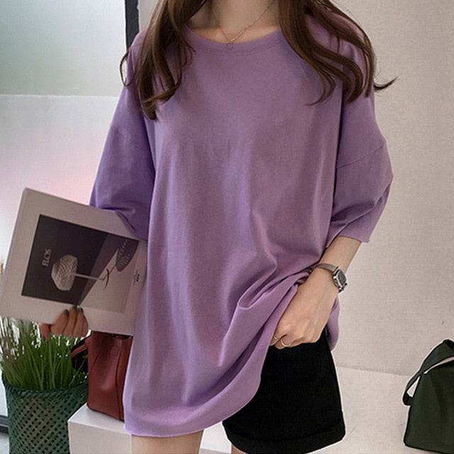 2019 Summer Oversize T shirt Women Candy Color O Neck Short Sleeve Elastic Basic Long T-shirt Loose Streetwear T-shirts Tee Tops