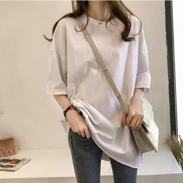 2019 Summer Oversize T shirt Women Candy Color O Neck Short Sleeve Elastic Basic Long T-shirt Loose Streetwear T-shirts Tee Tops