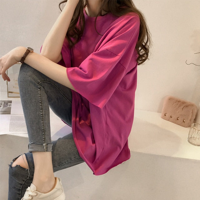 2019 Summer Oversize T shirt Women Candy Color O Neck Short Sleeve Elastic Basic Long T-shirt Loose Streetwear T-shirts Tee Tops