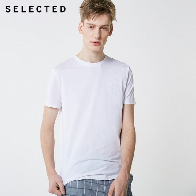 SELECTED Men's Summer 100% Cotton Pure Color Embroidered Short-sleeved T-shirt S|419201506