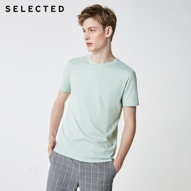 SELECTED Men's Summer 100% Cotton Pure Color Embroidered Short-sleeved T-shirt S|419201506