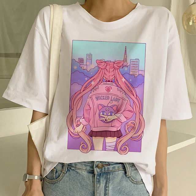 Sailor Moon Summer New Fashion T Shirt Women Harajuku Short Sleeve Fun Ulzzang T-Shirt Cute Cat Tshirt Cartoon Top Tees Female