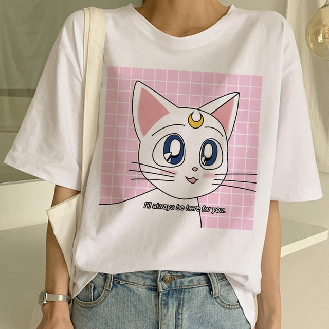 Sailor Moon Summer New Fashion T Shirt Women Harajuku Short Sleeve Fun Ulzzang T-Shirt Cute Cat Tshirt Cartoon Top Tees Female