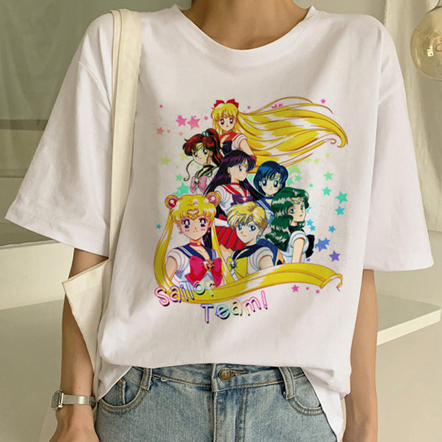 Sailor Moon Summer New Fashion T Shirt Women Harajuku Short Sleeve Fun Ulzzang T-Shirt Cute Cat Tshirt Cartoon Top Tees Female