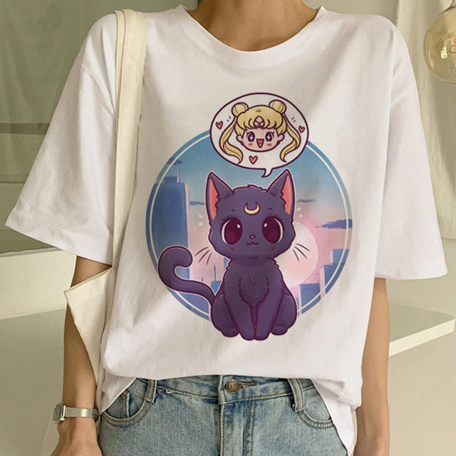 Sailor Moon Summer New Fashion T Shirt Women Harajuku Short Sleeve Fun Ulzzang T-Shirt Cute Cat Tshirt Cartoon Top Tees Female