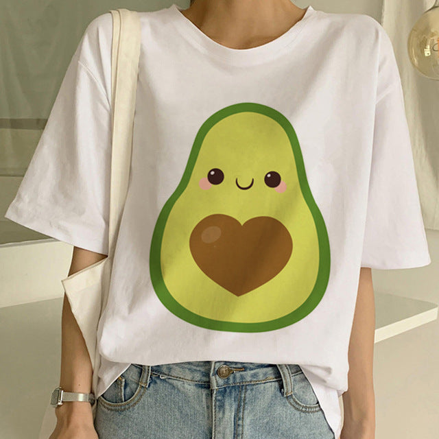 Cartoon Avocado Vegan Short Sleeve Cute T-shirt Womens Small Fresh Casual T Shirt Harajuku Ullzang Tshirt Fashion Top Tee Female