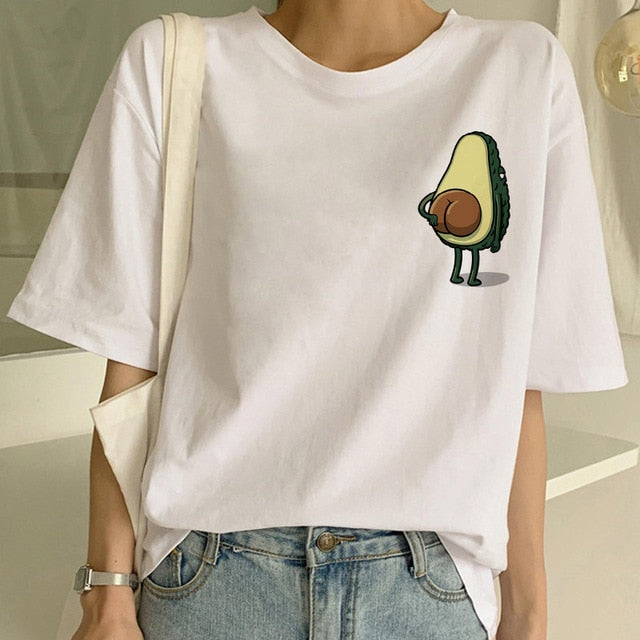 Cartoon Avocado Vegan Short Sleeve Cute T-shirt Womens Small Fresh Casual T Shirt Harajuku Ullzang Tshirt Fashion Top Tee Female