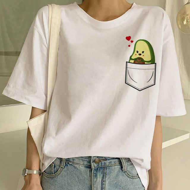 Cartoon Avocado Vegan Short Sleeve Cute T-shirt Womens Small Fresh Casual T Shirt Harajuku Ullzang Tshirt Fashion Top Tee Female