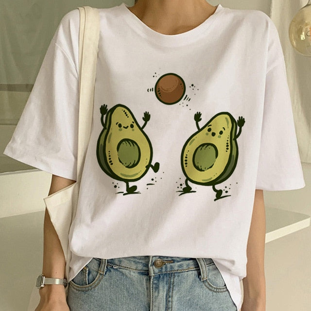 Cartoon Avocado Vegan Short Sleeve Cute T-shirt Womens Small Fresh Casual T Shirt Harajuku Ullzang Tshirt Fashion Top Tee Female