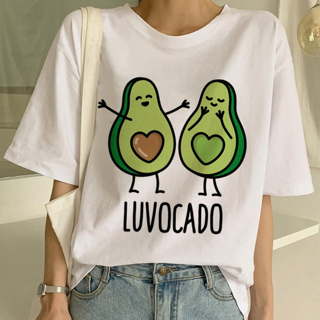 Cartoon Avocado Vegan Short Sleeve Cute T-shirt Womens Small Fresh Casual T Shirt Harajuku Ullzang Tshirt Fashion Top Tee Female